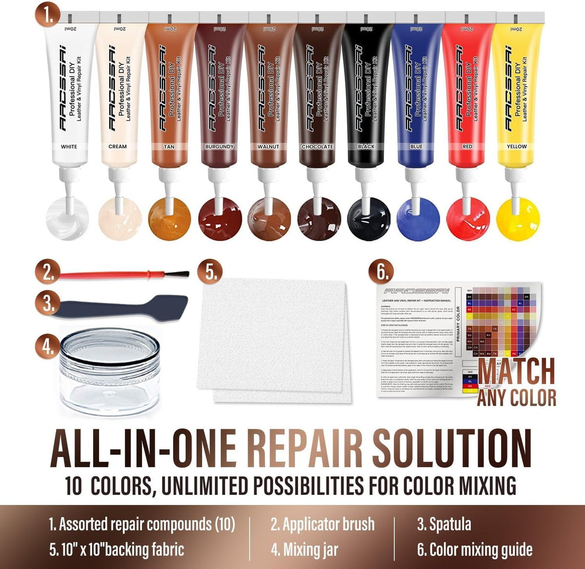 Leather Repair Kit for Furniture, Sofa, Jacket, Car Seats and Purse. Vinyl Repair Kit. Super Easy Instructions to Match Any Color, Restore Any Material, Bonded, Italian, Pleather, Genuine