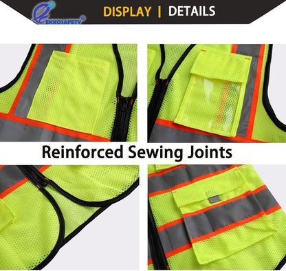 Reflective Mesh Safety Vest for Men Women with 5 Pockets and Zipper Front High Visibility Mesh Vest Hi Vis Construction Work Vest,Meets ANSI/ISEA Standards(EK175-Yellow-L)