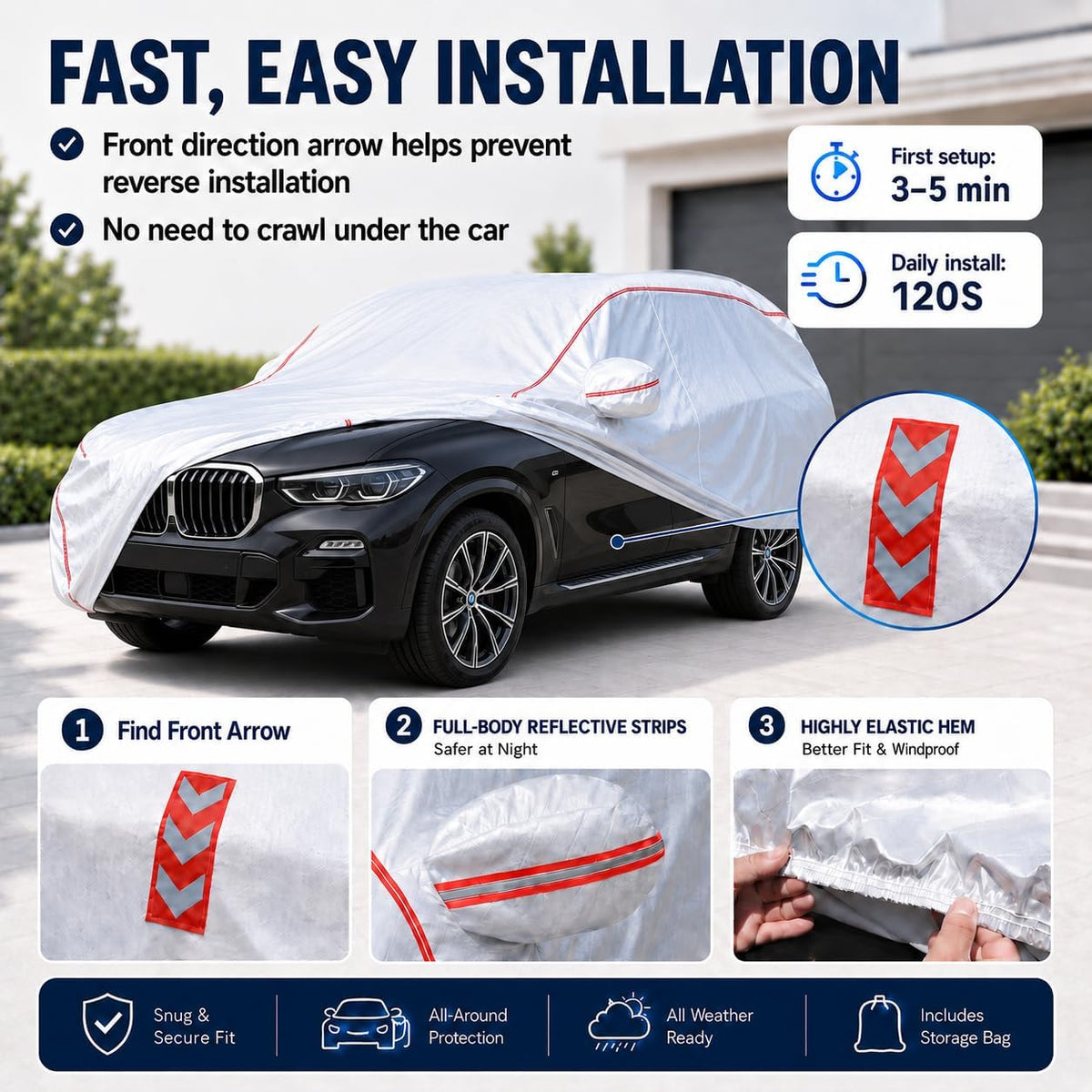 Car Cover for Sedan, Waterproof All Weather Heavy Duty, 360° Underbody Wrap Windproof Design, Quick Install Outdoor Vehicle Cover, Fits 186-193 in