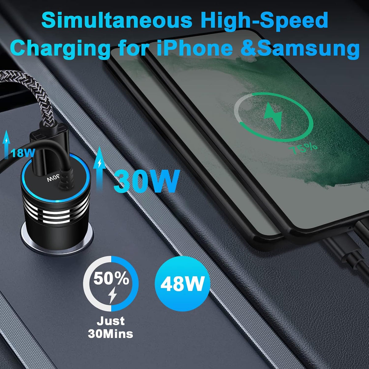 48W Super Fast Car Charger USB C Rapid Android Car Adapter with 30W Built-in Type C Fast Charging Cable for Samsung Galaxy S26 S25 S24 S23 Ultra S22 S21 S20 FE A16 A15 A14 A54 A53 A23 A13 Z Flip 7 6