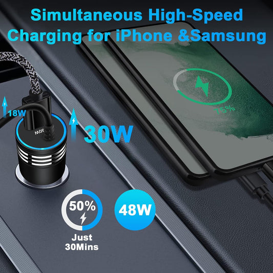48W Super Fast Car Charger USB C Rapid Android Car Adapter with 30W Built-in Type C Fast Charging Cable for Samsung Galaxy S26 S25 S24 S23 Ultra S22 S21 S20 FE A16 A15 A14 A54 A53 A23 A13 Z Flip 7 6