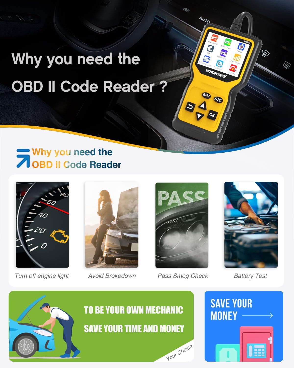 MOTOPOWER MP69033 Pro OBD2 Scanner Code Reader Check Engine Fault Light Diagnostic Scan Tool with Battery Tester