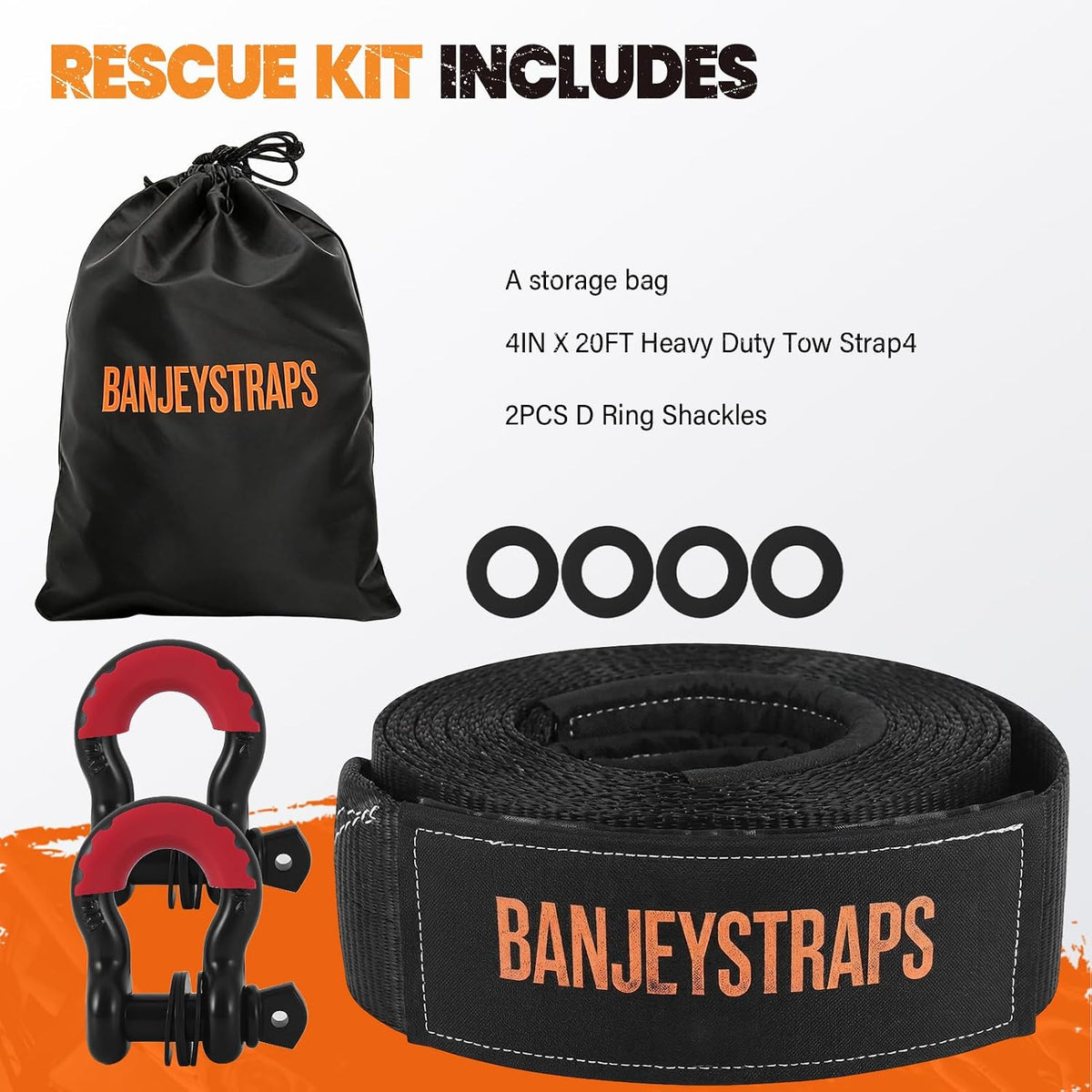 45,000 lb Recovery Tow Strap Kit with 3/4" Shackles（2pcs） - 4" x20' Heavy Duty Snatch Strap for Off-Road Truck & Jeep Recovery, Includes Storage Bag for SUV & 4x4 Vehicle Emergency