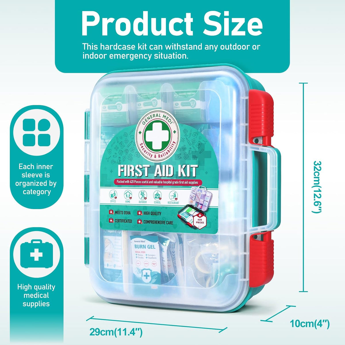 General Medi 110 Pieces Small First Aid Kit - HardCase First Aid Box - Contains Premium Medical Supplies for Travel, Home, Office, Vehicle, Camping, Workplace & Outdoor