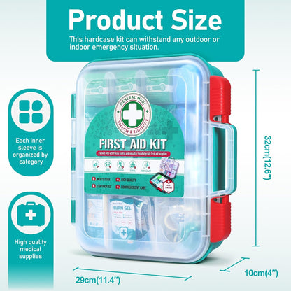 General Medi 110 Pieces Small First Aid Kit - HardCase First Aid Box - Contains Premium Medical Supplies for Travel, Home, Office, Vehicle, Camping, Workplace & Outdoor