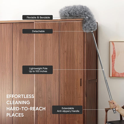 DELUX Microfiber Feather Duster Extendable Duster with 100 inches Extra Long Pole, Bendable Head & Long Handle Dusters for Cleaning Ceiling Fan, High Ceiling, Blinds, Furniture & Cars Gray