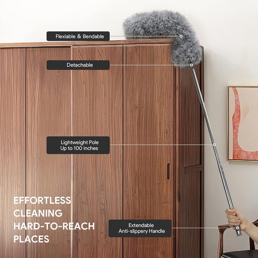 DELUX Microfiber Feather Duster Extendable Duster with 100 inches Extra Long Pole, Bendable Head & Long Handle Dusters for Cleaning Ceiling Fan, High Ceiling, Blinds, Furniture & Cars Gray