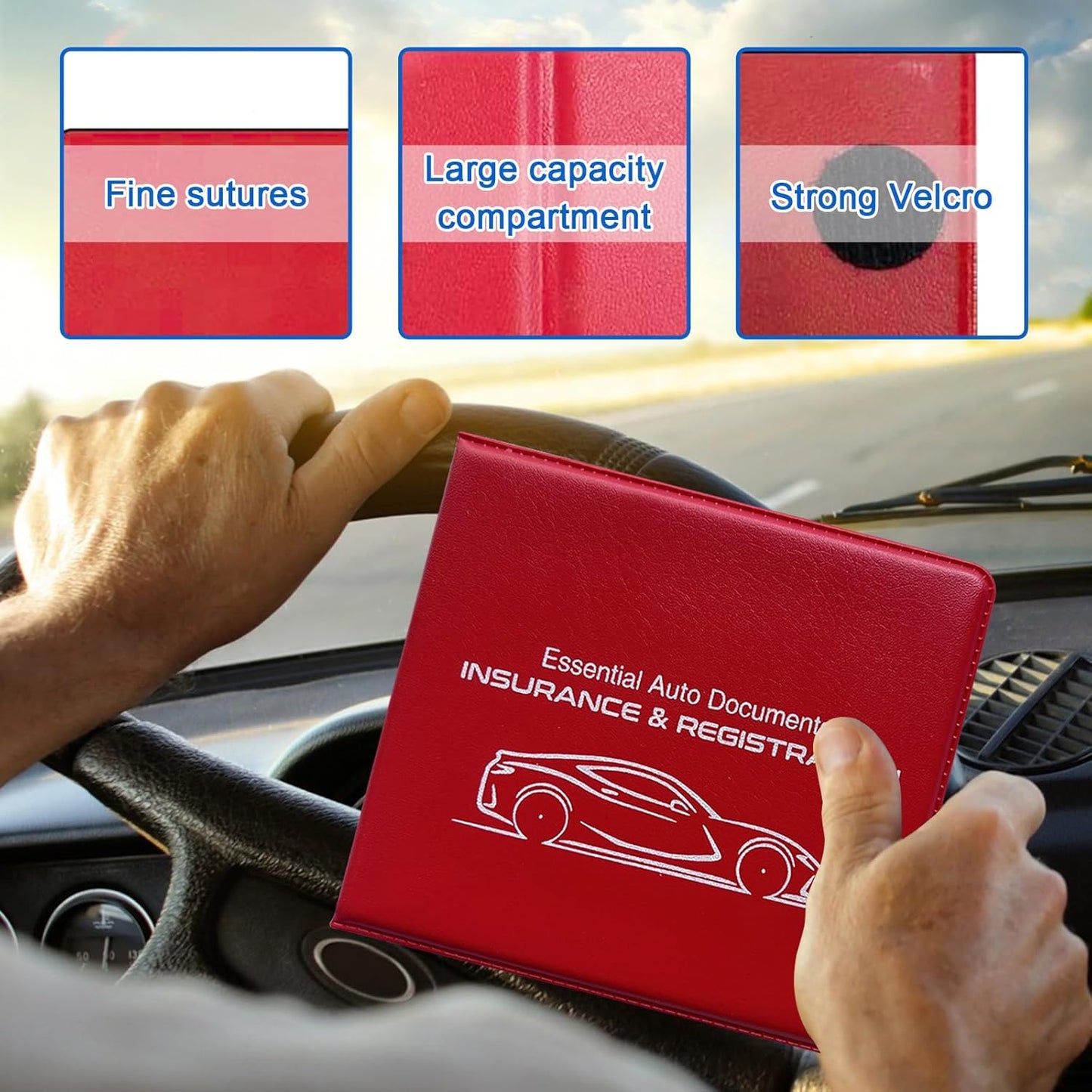 Ziciner Car Registration Insurance Holder, 2Pack Essential Auto Card Document Glove Box Organizer with Touch Fastener, Vehicle Interior Accessories Perfect for Most Car, Truck, SUV (Red/Small Car)