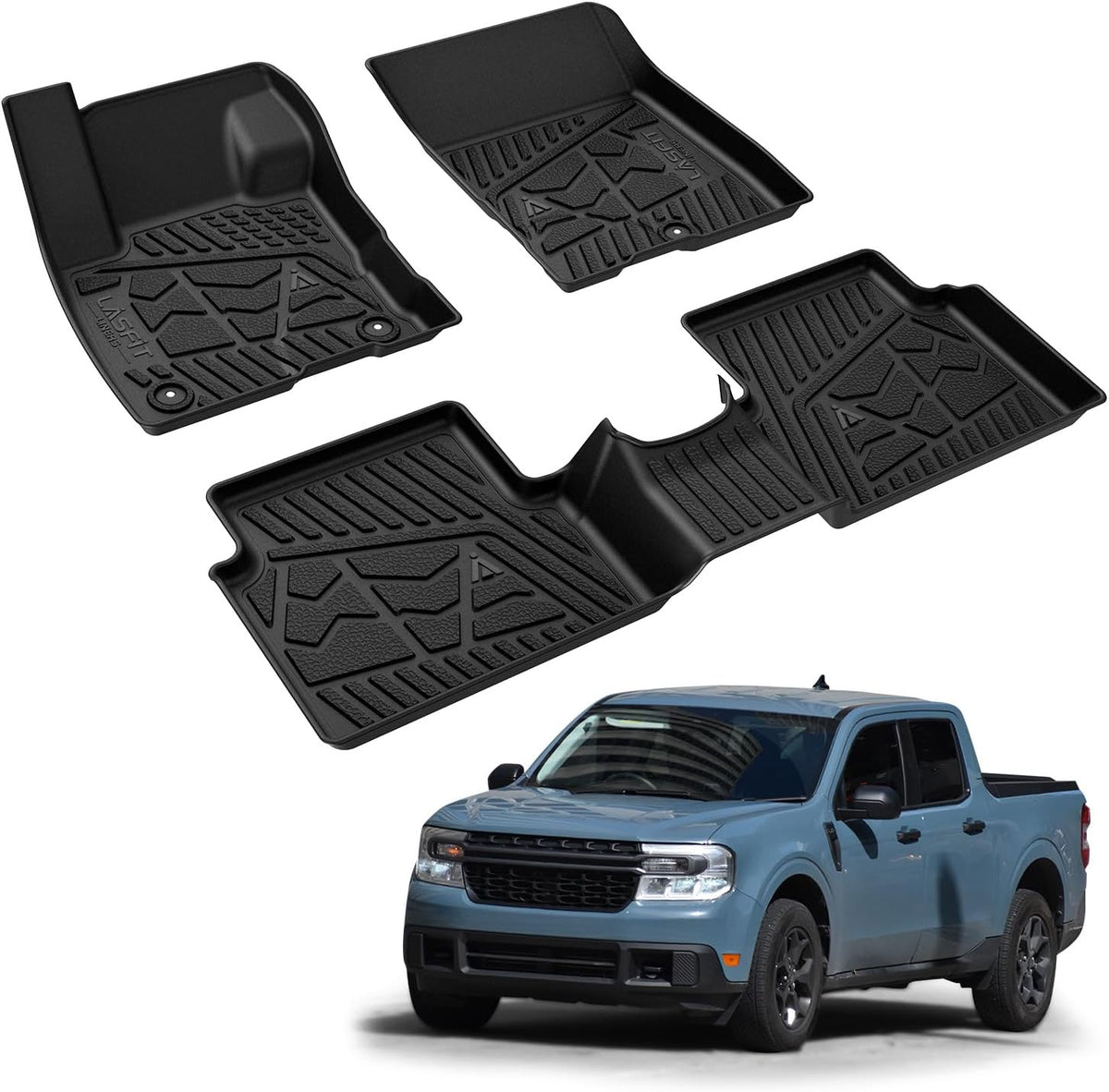 LASFIT Floor Mats for Ford F-150 2021-2026 | F150 Lightning 2022-2025 SuperCrew (Rear w/Fold Flat Storage) Carpet Floor All Weather Car Liners TPE Truck Mats - 1st and 2nd Row, 3pcs Black