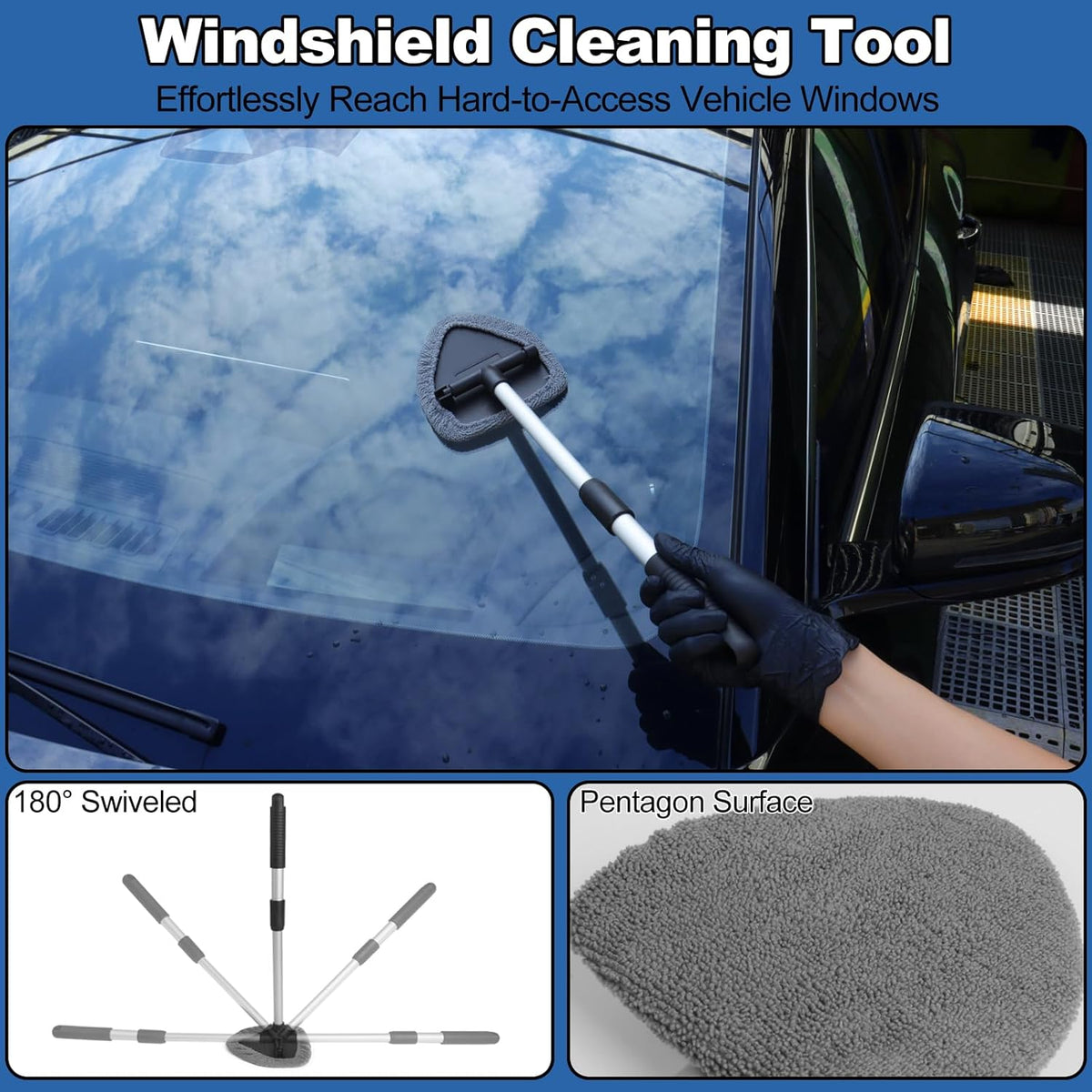 Windshield Cleaner Tool, 14Pcs Car Cleaning Kit - Car Interior Detailing Kit with Extendable Handle, Cleaning Gel & Microfiber Pads, All-in-One Inside Car Cleaning Supplies for Women Men