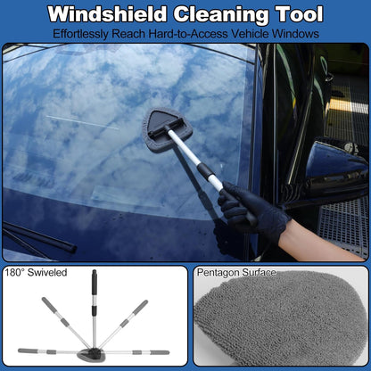 Windshield Cleaner Tool, 14Pcs Car Cleaning Kit - Car Interior Detailing Kit with Extendable Handle, Cleaning Gel & Microfiber Pads, All-in-One Inside Car Cleaning Supplies for Women Men