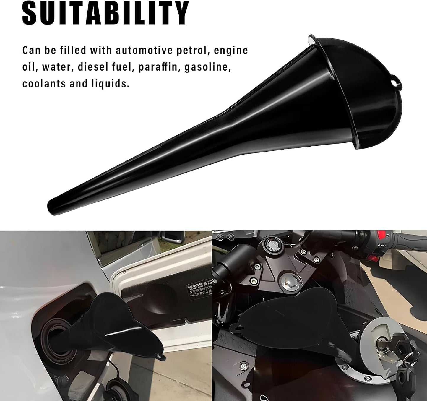 DXNQ Oil Funnel, Automotive Multi-Function Plastic Fuel Funnel with Long Neck, Universal Engine Oil Funnel for Filling Oils Gas Lubricants and Fluids, Car Accessories (Black)