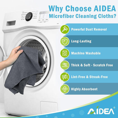 AIDEA Microfiber Cleaning Cloth-12PK, Soft Microfiber Towels for Cars, Absorbent Cleaning Rags, Lint-Free Streak-Free Wash Cloths for House, Kitchen, Window(12in.x12in), Black