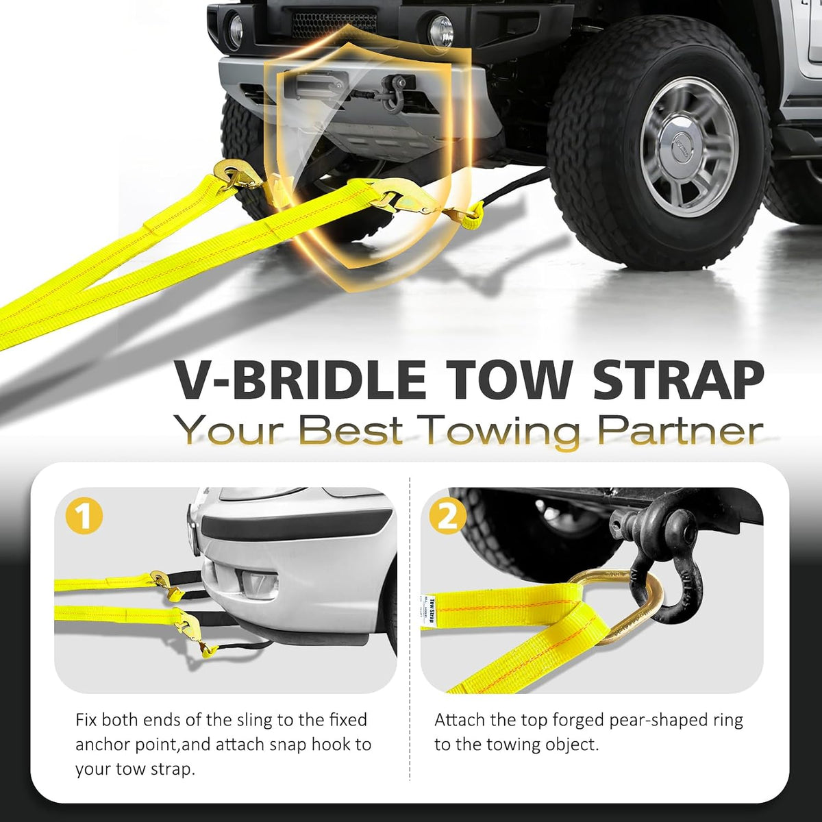 2" x 4' Axle Tie Down V-Bridle Recovery Tow Traile Strap 4700LBS | Polyester Webbing w/Cordura Sleeves and Axle Straps, Snap Hooks Design, Middle D-rings Design, Ideal for All Vehicle Models