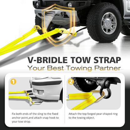 2" x 4' Axle Tie Down V-Bridle Recovery Tow Traile Strap 4700LBS | Polyester Webbing w/Cordura Sleeves and Axle Straps, Snap Hooks Design, Middle D-rings Design, Ideal for All Vehicle Models