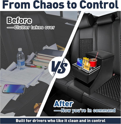 20"L x 9.65"W x 13.78"H, 24L Center Console Between Seats for Minivans, SUVs & Trucks, Floor/Bench Seat Organizer with Locking Hidden Storage, Dual Cup Holders & Armrest, No-Drill Installation