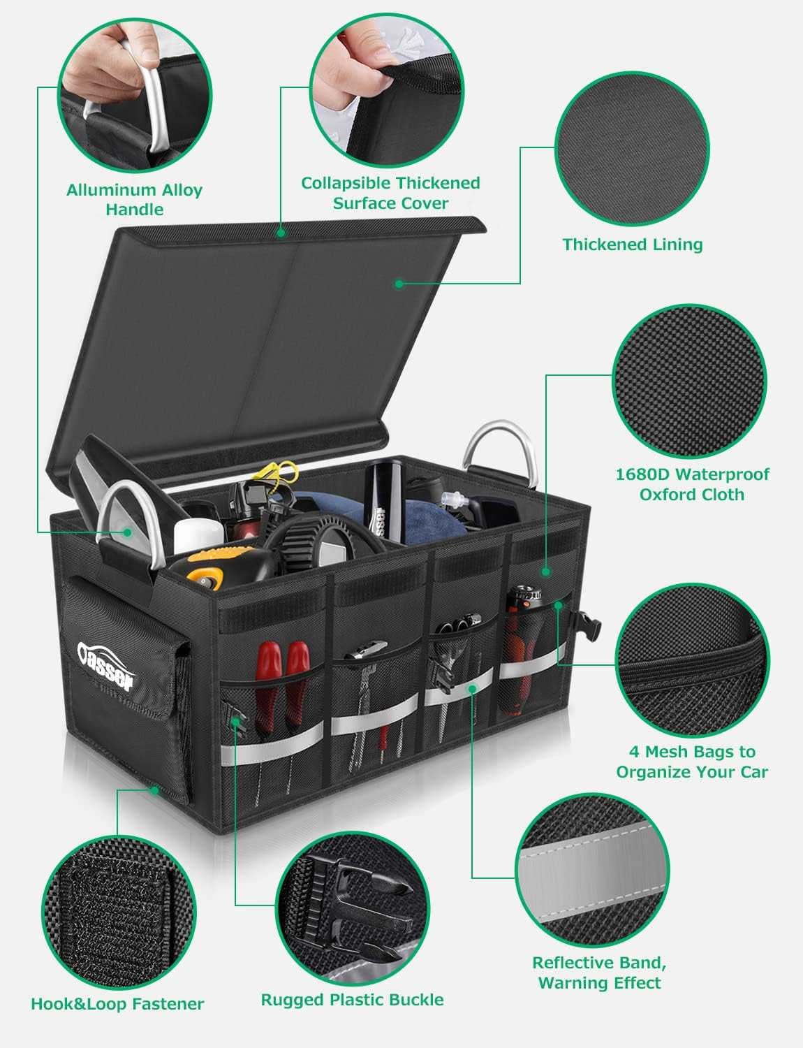 Oasser Car Trunk Organizer, 3 Compartments Collapsible Waterproof Car Organizer Storage with Foldable Cover, Reflective Strip, Non-Slip Bottom, 4 Mesh Pockets for SUV/Truck/Sedan/Camping/Road Trip