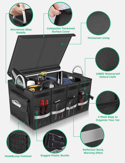 Oasser Car Trunk Organizer, 3 Compartments Collapsible Waterproof Car Organizer Storage with Foldable Cover, Reflective Strip, Non-Slip Bottom, 4 Mesh Pockets for SUV/Truck/Sedan/Camping/Road Trip