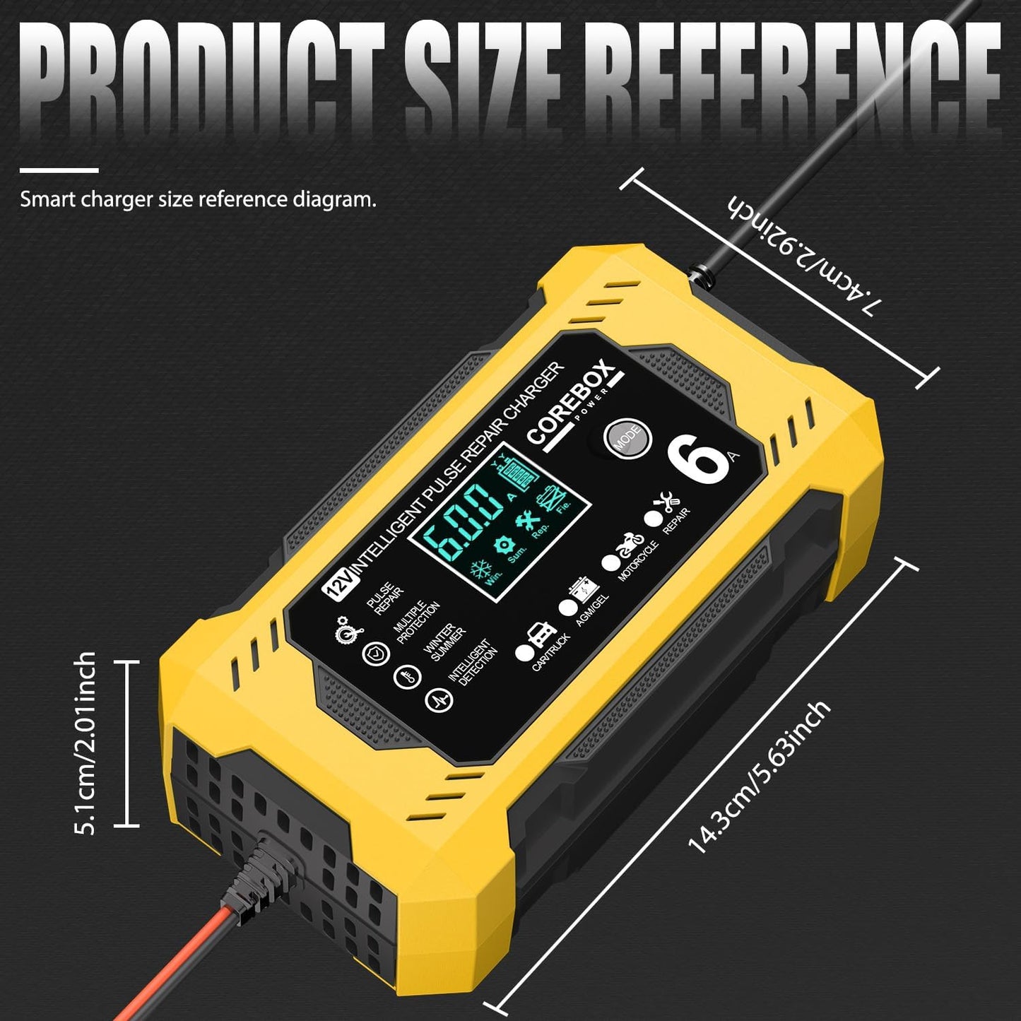 Corebox Battery Charger 6-Amp 12V Automatic Smart Battery Trickle Charger, Battery Maintainer Desulfator with Temperature Compensation for Car Truck Motorcycle Lawn Mower Marine