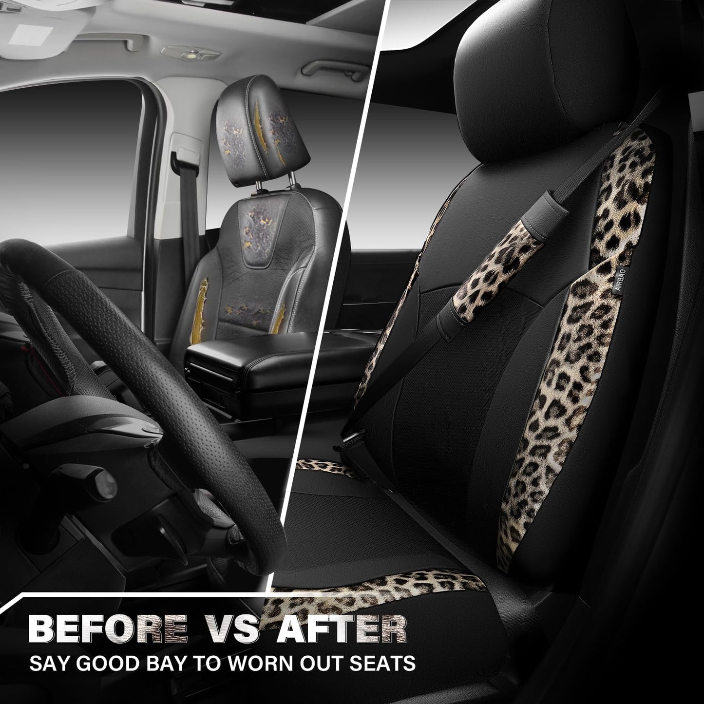 CAR PASS Waterproof Universal Car Floor Mats, Leopard Print Car Mats Fit for SUV,Vans,sedans, Trucks,Set of 4pcs Car Carpet with Driver Heel Pad and Nibs Backing, Leopard Car Accessories Gray Leopard