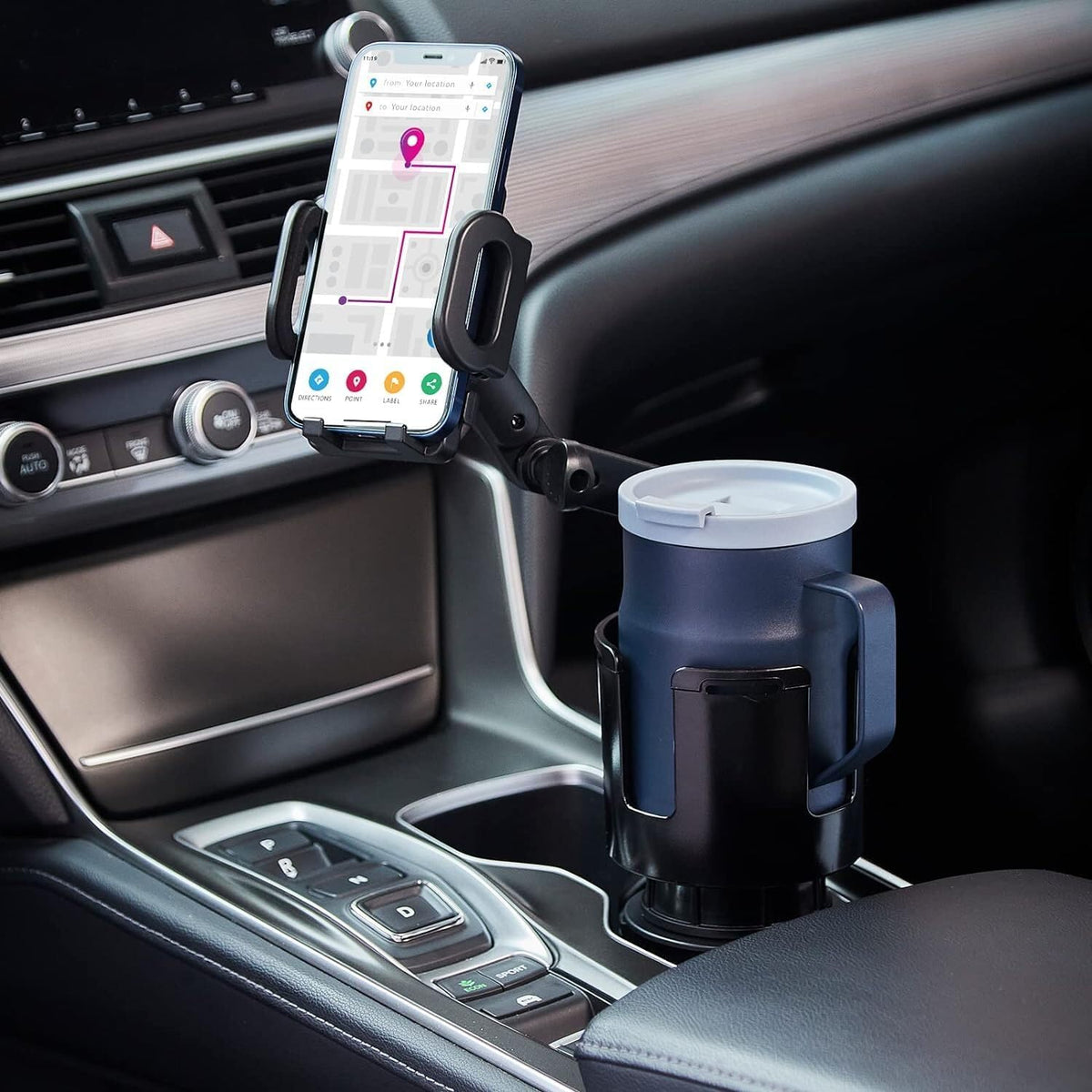 Cup Holder Phone Mount, 2 in 1 Cup Holder Expander for Car Long Arm with 360°Rotation Cup Holder Cell Phone Holder for Car Compatible with All Smartphones