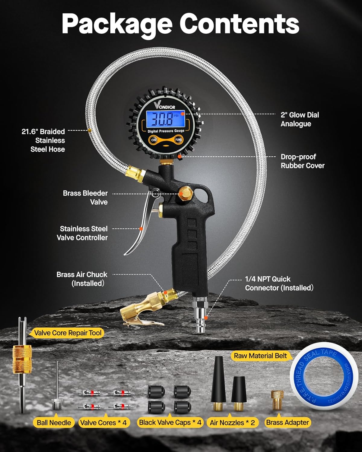 Tire Pressure Gauge - (0-60 PSI) Heavy Duty, Certified ANSI Accurate with Large 2 Inch Easy to Read Glow Dial, Low - High Air Pressure Gauge. Tire Gauge for Car and Trucks Tires by Vondior