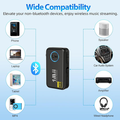 1Mii Bluetooth 5.3 Music Receiver for Car/Home Stereo, Aux Bluetooth Adapter for Car with Volume Control Supports Hands Free Calls, 16H Battery Life