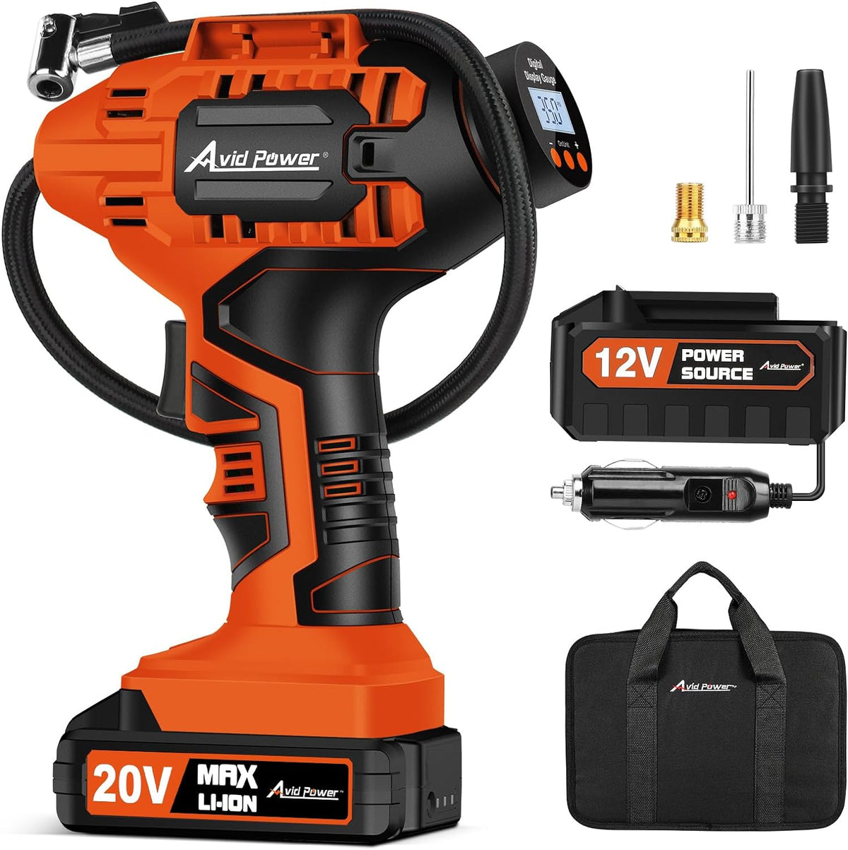 AVID POWER Tire Inflator Portable Air Compressor, 20V Cordless Car Tire Pump, Rechargeable Battery Powered Air Compressor w/12V DC Adapter, Digital Pressure Gauge