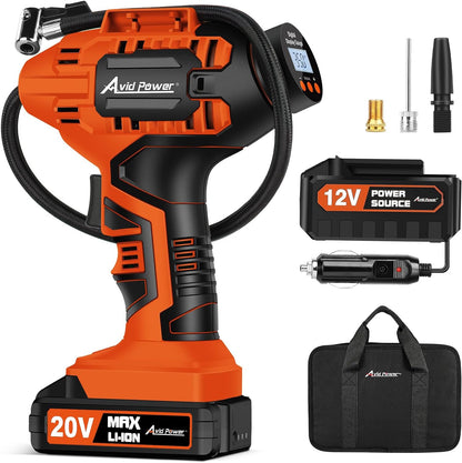 AVID POWER Tire Inflator Portable Air Compressor, 20V Cordless Car Tire Pump, Rechargeable Battery Powered Air Compressor w/12V DC Adapter, Digital Pressure Gauge
