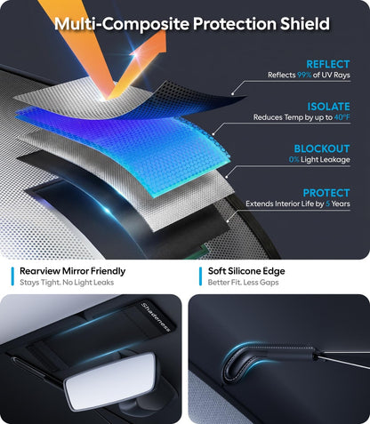 Wigoo Windshield Sun Shade Umbrella for Tesla Model Y [100% Sun Blockage, Ice Cooling Fabric] Foldable Heat Insulation Front Window Sunshade Umbrella for Tesla Model Y 2020–2026 (Juniper)
