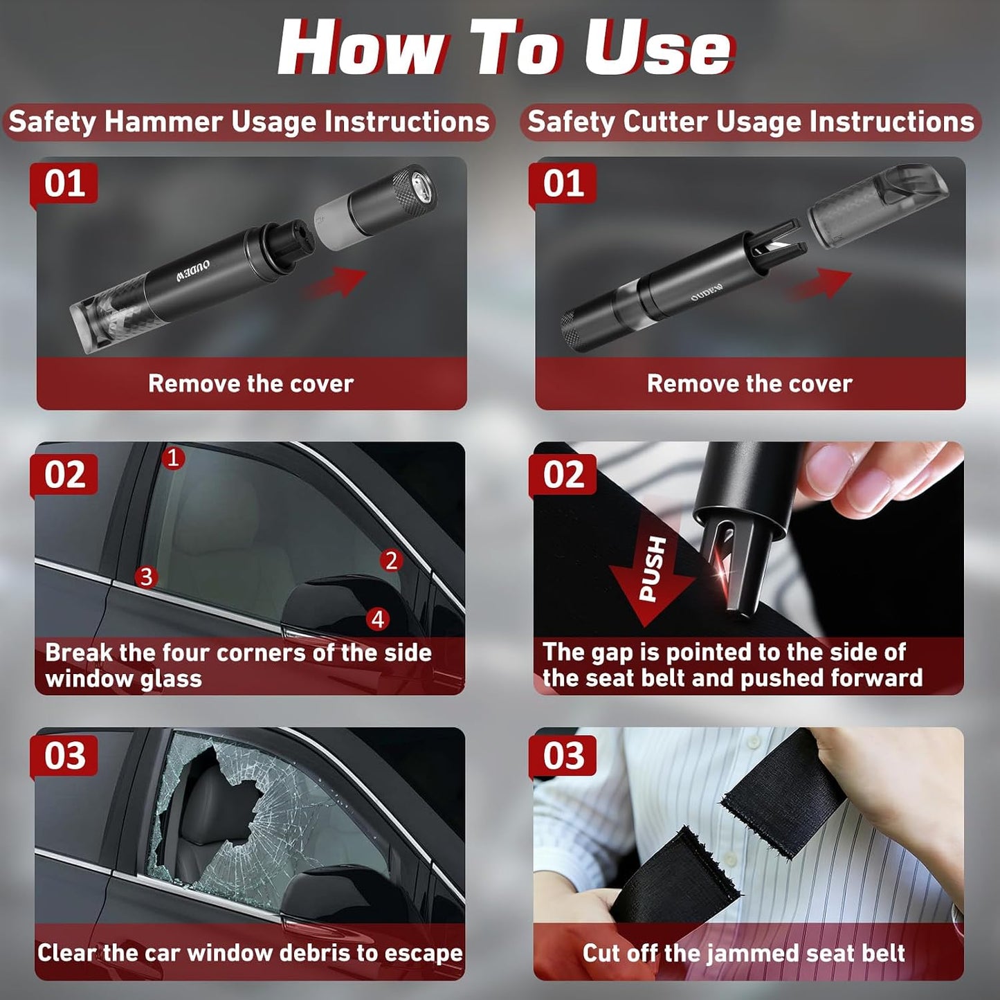 4-in-1 Car Window Breaker Seatbelt Cutter with Survival Whistle & LED Flashlight, Spring-Loaded Glass Breaker for Underwater, Portable Automotive Emergency Escape Tool, Black