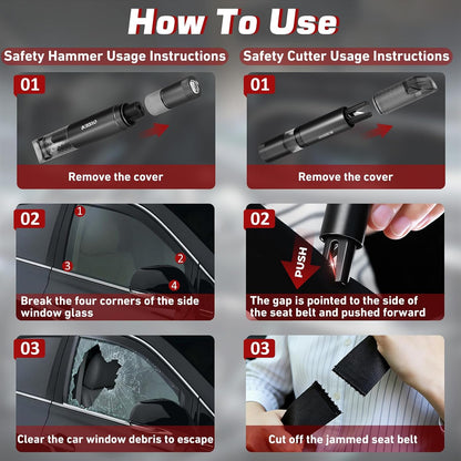 4-in-1 Car Window Breaker Seatbelt Cutter with Survival Whistle & LED Flashlight, Spring-Loaded Glass Breaker for Underwater, Portable Automotive Emergency Escape Tool, Black