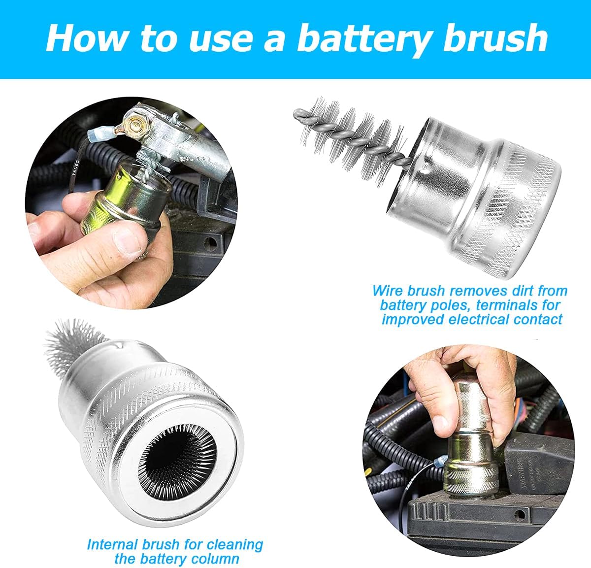 Mandark 2PCS Car Battery Terminal Cleaning Brush, Metal Vehicle Battery Post Cleaner Bristle Tool, Derusting Auto Battery Washer Brush Accessories, Universal for SUV, Truck, RV