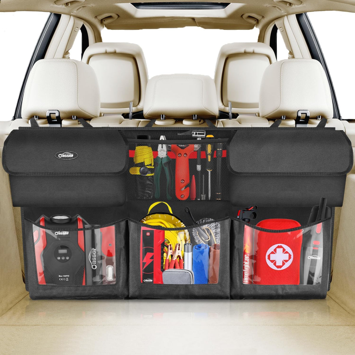 Oasser Back Seat Trunk Organizer Hanging Car Organizer Foldable Cargo Storage with 6 Large Pockets 3 Adjustable Straps 40x19inch