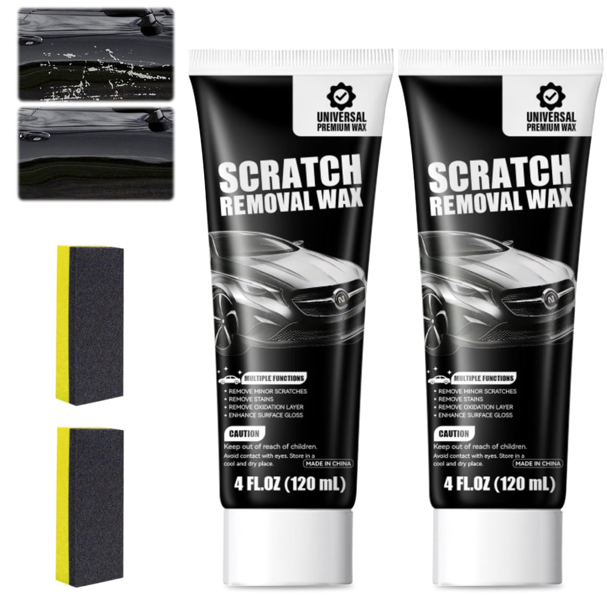 2Pcs Car Scratch Remover Wax, Universal Premium Polishing Compound for Deep Scratches, 2026 New Upgraded Car Paint Scratch Remover for Vehicles, 4 fl oz (120 ML), with Sponge and Cloth,White