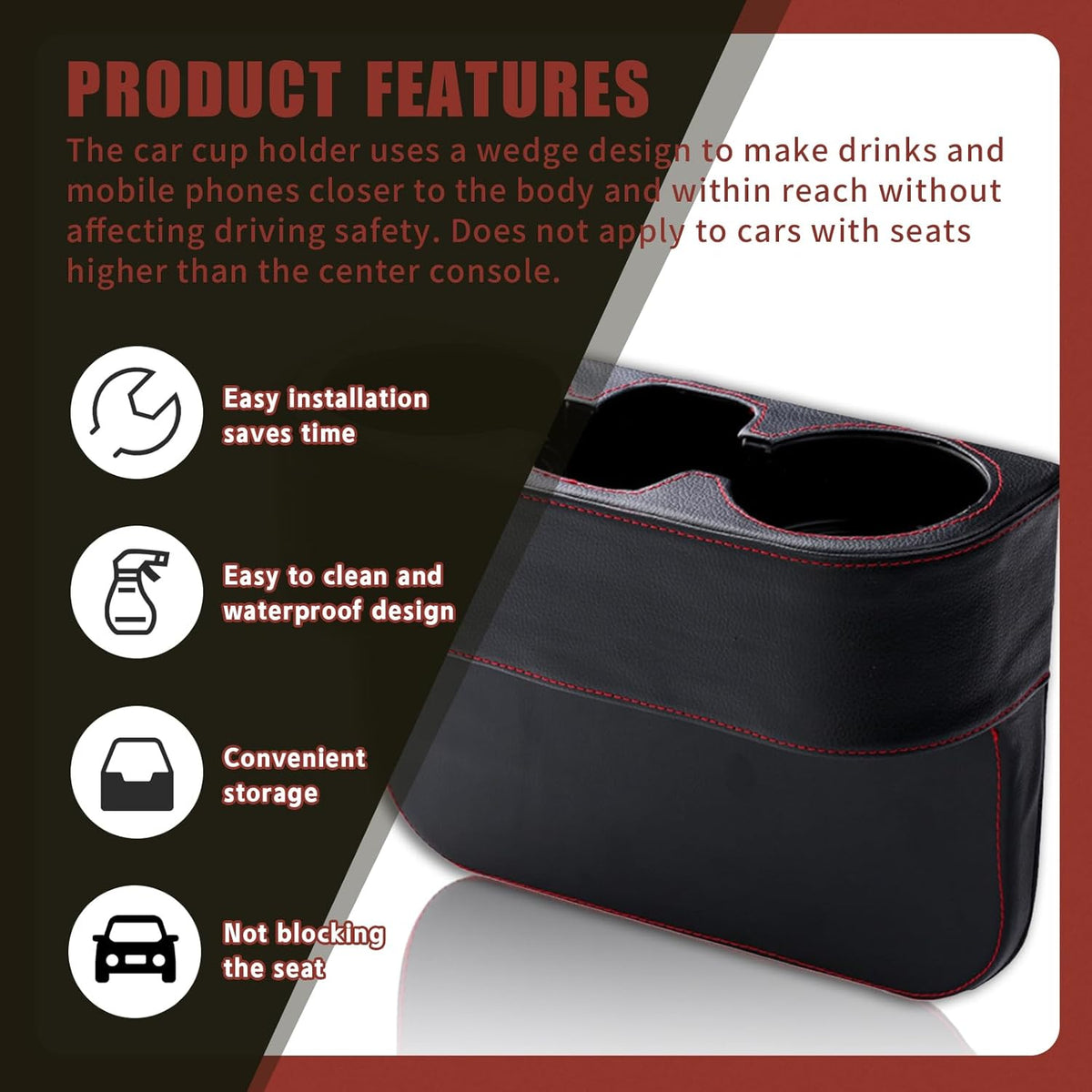 Car Cup Holder, PU Leather Auto Front Seat Organizer, Multifunctional Cup Drink Holders, Gap Filler Storage Box Coin Bucket Console Side Pocket Cell Mobile Phone Holder (Black)