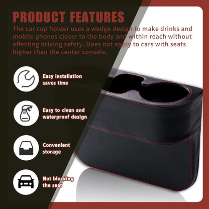 Car Cup Holder, PU Leather Auto Front Seat Organizer, Multifunctional Cup Drink Holders, Gap Filler Storage Box Coin Bucket Console Side Pocket Cell Mobile Phone Holder (Black)