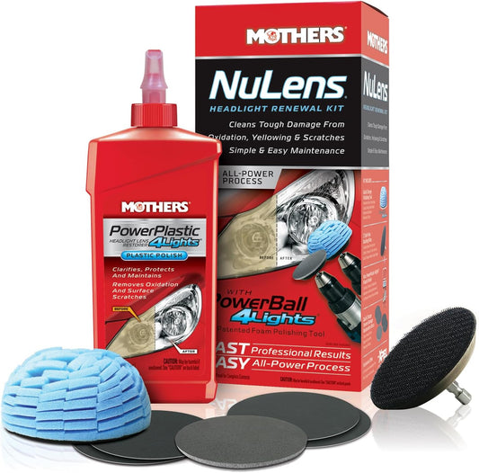 Mothers NuLens Headlight Renewal Kit — Quickly Restores & Maintains Clarity on All Headlight Types – Includes PowerPlastic 4Lights Polish, 8 oz. with Protective, Oxidation-Inhibiting Polymers (07251)