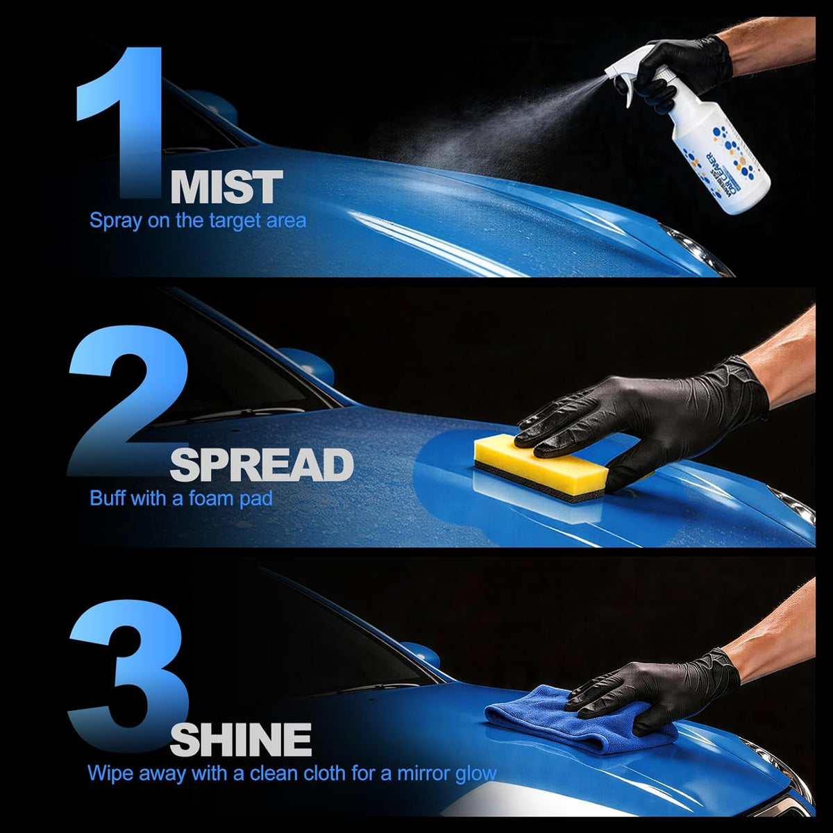 3-in-1 Waterless Car Wash Spray: Ceramic Coating + Quick Detailer - Clean, Shine & Protect Paint, Glass, Wheels Without Pre-washing - Nano-Hydrophobic Barrier - For Cars, Trucks, SUVs, RV - 16.9Oz
