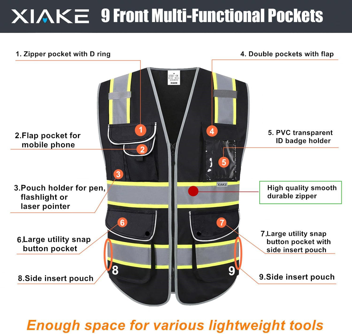 XIAKE 9 Pockets Class 2 High Visibility Reflective Safety Vest for Men Women,Meets ANSI/ISEA Standard