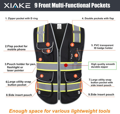 XIAKE 9 Pockets Class 2 High Visibility Reflective Safety Vest for Men Women,Meets ANSI/ISEA Standard
