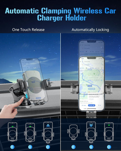 3-in-1 Wireless Car Charger Mount, 15W Fast Charging Auto-Clamping Phone Holder for iPhone 17 16 15 14, Samsung Galaxy S24 S23, Dashboard, Vent & Windshield Car Mount(Black)
