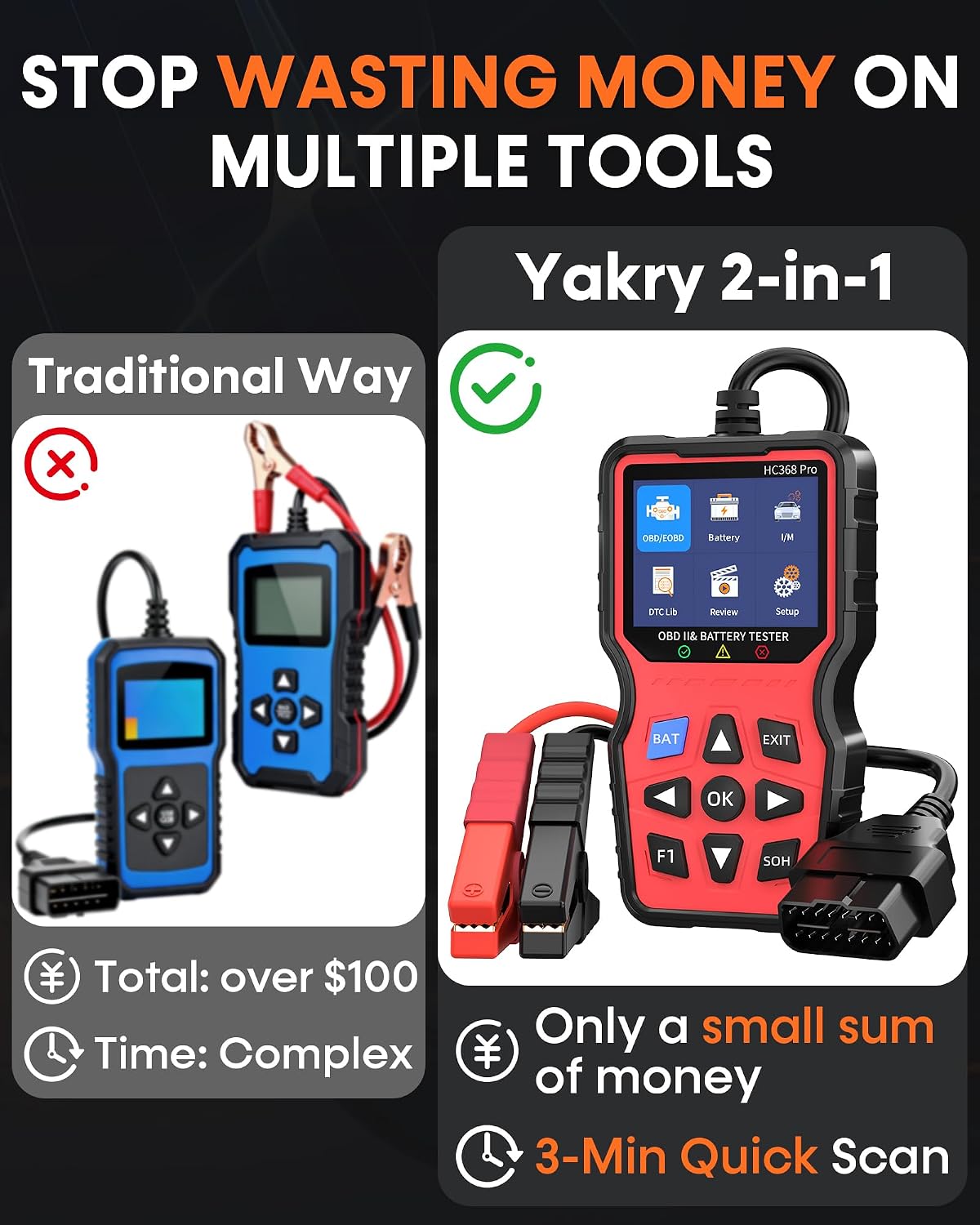 Easy to Use 2-in-1 OBD2 Scanner with Battery Tester: 1S Read & Clear Check Engine Codes + Test Battery in Mins - DIY Car Diagnostic Tool with Cold Cranking Amps for Pre-Trip Safety on 1996+ Vehicles