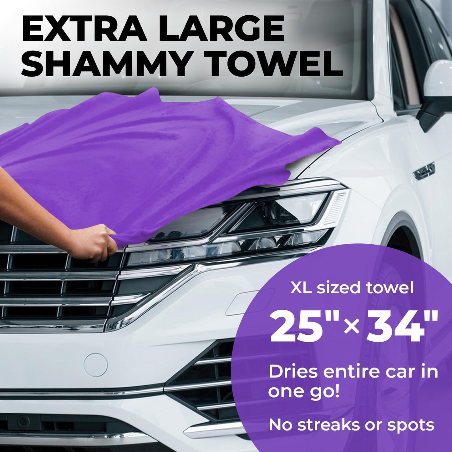 Premium XL Shammy Towel for Car - 2pk (34”x25”) - Super Absorbent Chamois Cloth - Spots & Scratch-Free - Reusable Car Drying Towels