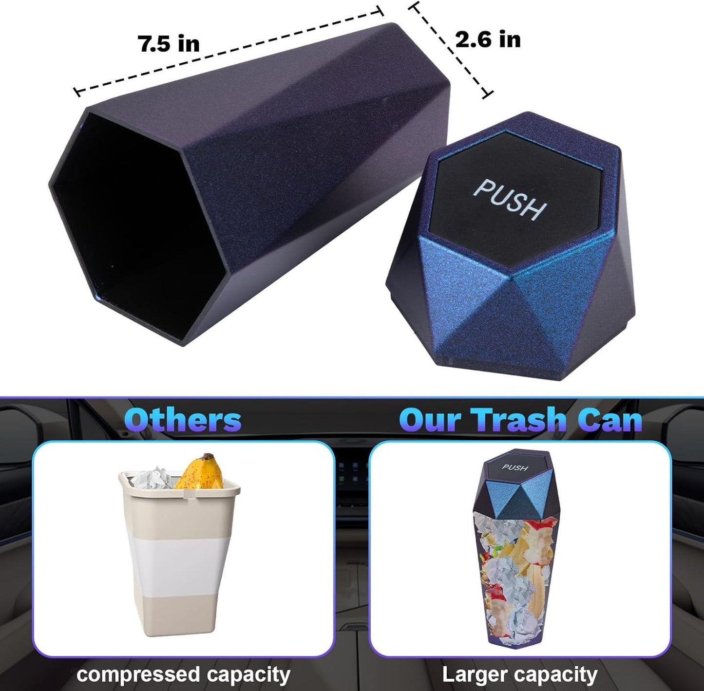 BFXM Car Trash Can, Car Trash Bin with Lid, Car Accessories for Women Interior, Car Garbage Can with Additional 2 ABS Hooks and 60pcs Trash Bags, Suitable for Home, Office, Car Organizer, Black