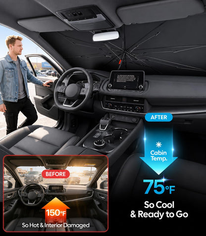 Wigoo Windshield Sun Shade Umbrella for Tesla Model Y [100% Sun Blockage, Ice Cooling Fabric] Foldable Heat Insulation Front Window Sunshade Umbrella for Tesla Model Y 2020–2026 (Juniper)