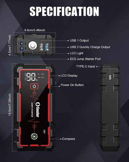 Jump Starter, Battery Jumper Starter Portable, Car Battery Jump Starter with 3 Modes Flashlight, Compass, Power Bank and Jumper Cable