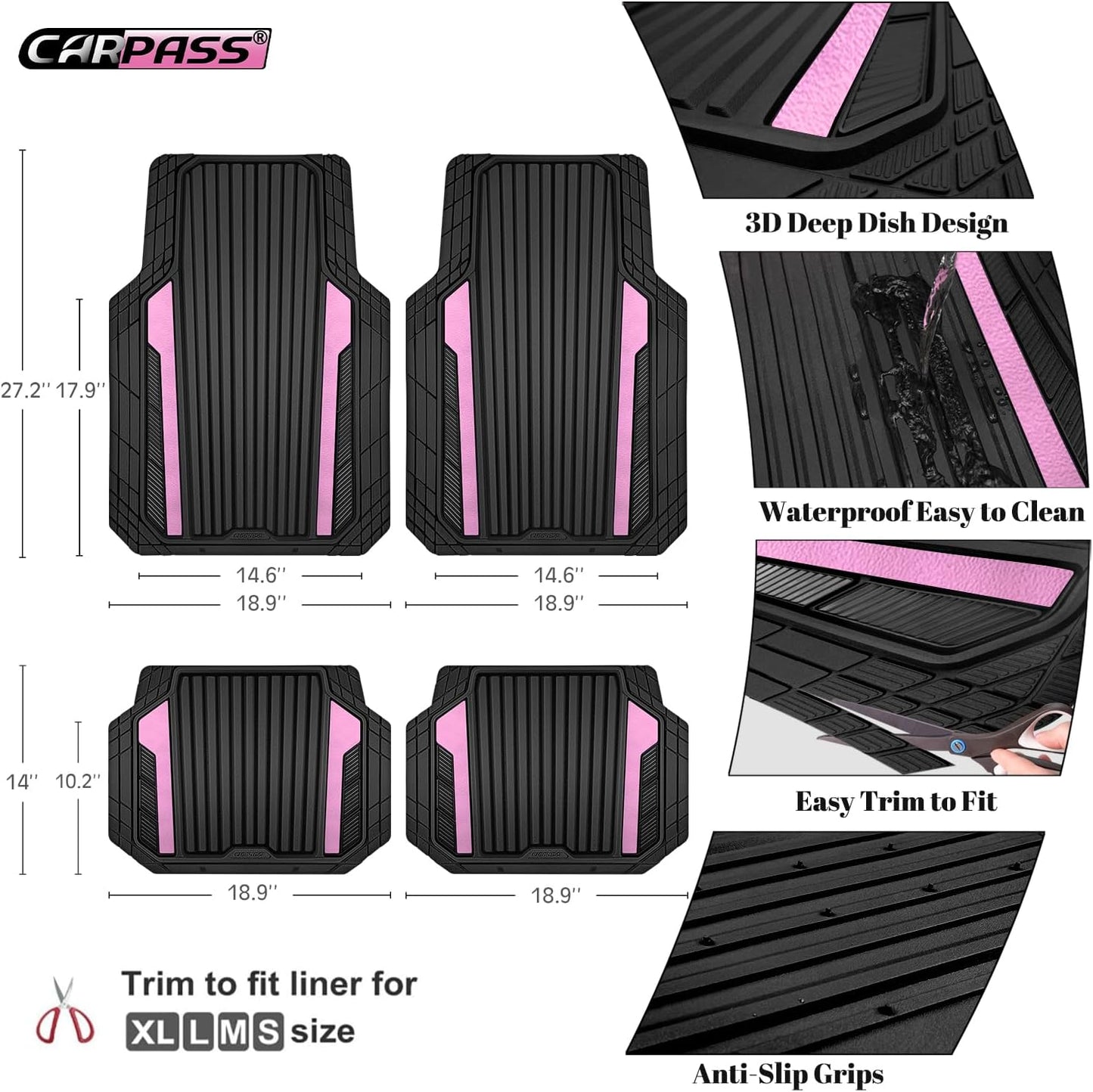 CAR PASS Heavy Duty Rubber Car Mats Metallic, Aluminum Film All Weather Floor Mats Waterproof Universal Trim to Fit Automotive SUV Sedan Van 4 Piece Anodized Deep Dish Two-Tone Sporty Black Red Chrome