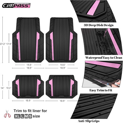 CAR PASS Heavy Duty Rubber Car Mats Metallic, Aluminum Film All Weather Floor Mats Waterproof Universal Trim to Fit Automotive SUV Sedan Van 4 Piece Anodized Deep Dish Two-Tone Sporty Black Red Chrome