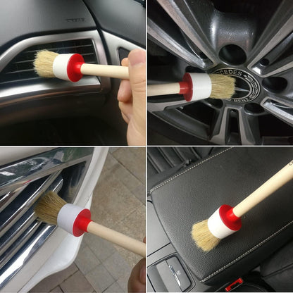 Nurkul 11Pcs Auto Detailing Set, Boar Hair Brushes, Steel Wire & A/C Brushes, Red, Soft Bristles, Wood Handles for Cleaning Interior, Exterior, Leather, 6 Sizes